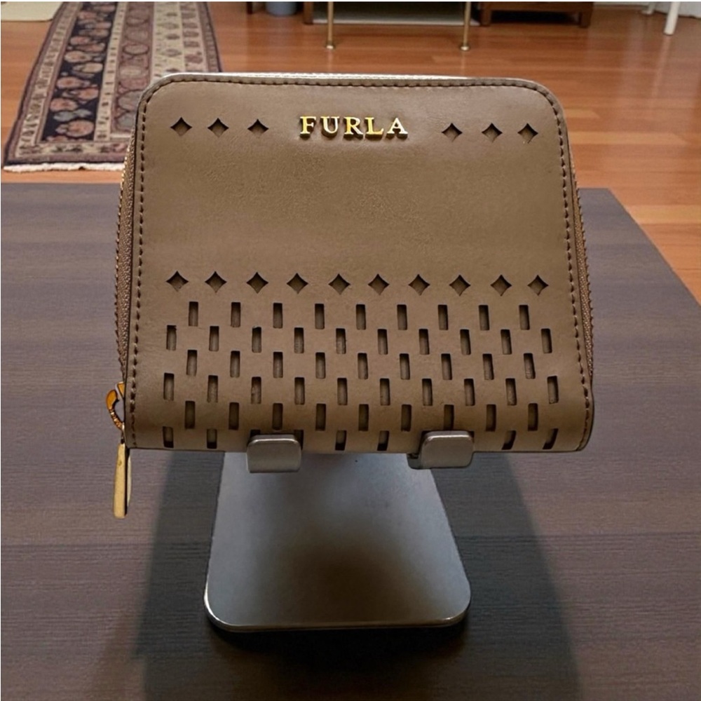 Furla Taupe Leather Compact Zip Wallet with Gold Hardware and Perforated Detail